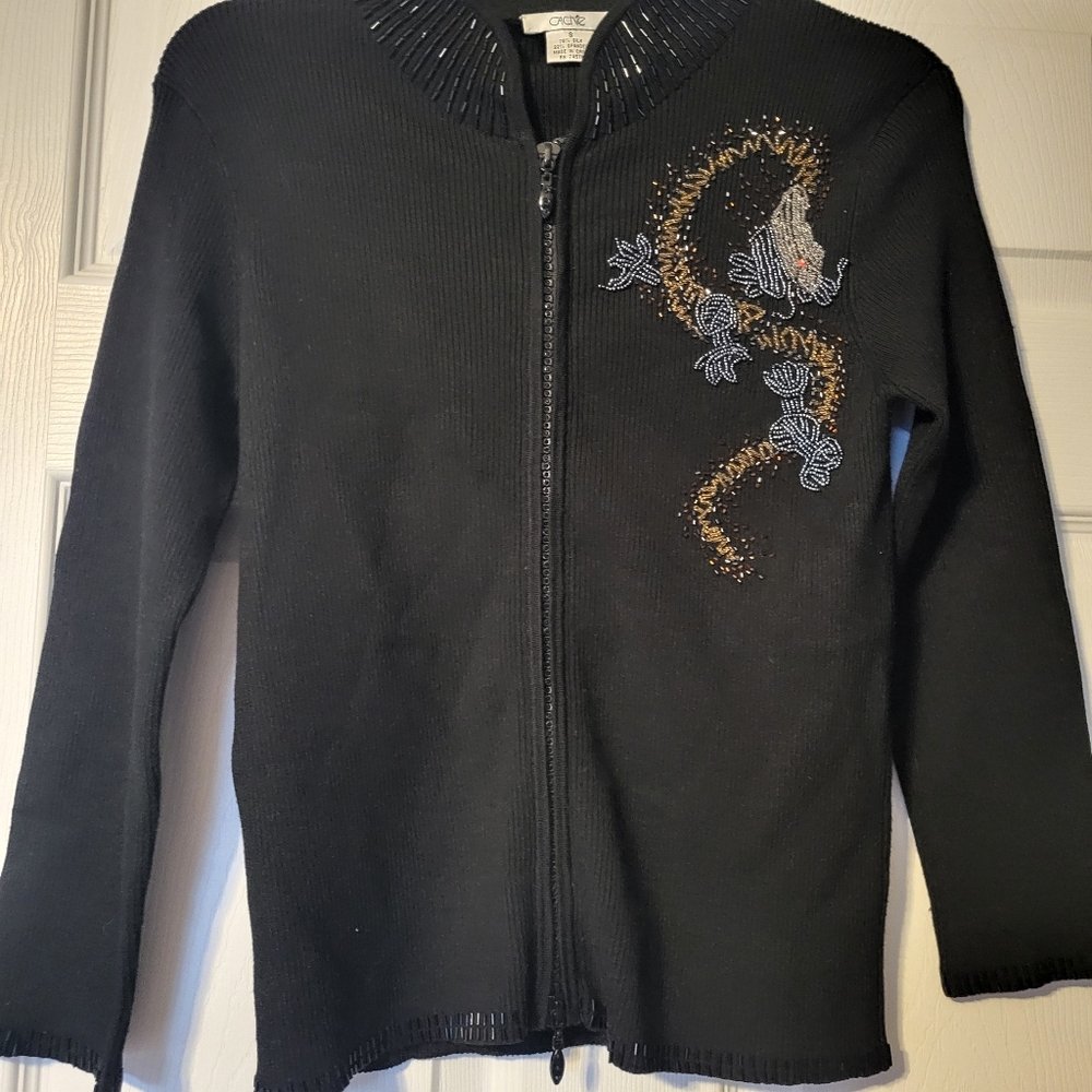 Vintage Cache Beaded Dragon Cardigan Silk Blend Women's Size Small‎ Black Y2K - Picture 2 of 12